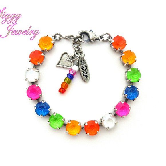 Colorful Crystal Tennis Bracelet in Electric Neon Colors, 8mm Assorted Finishes - Picture 1 of 6